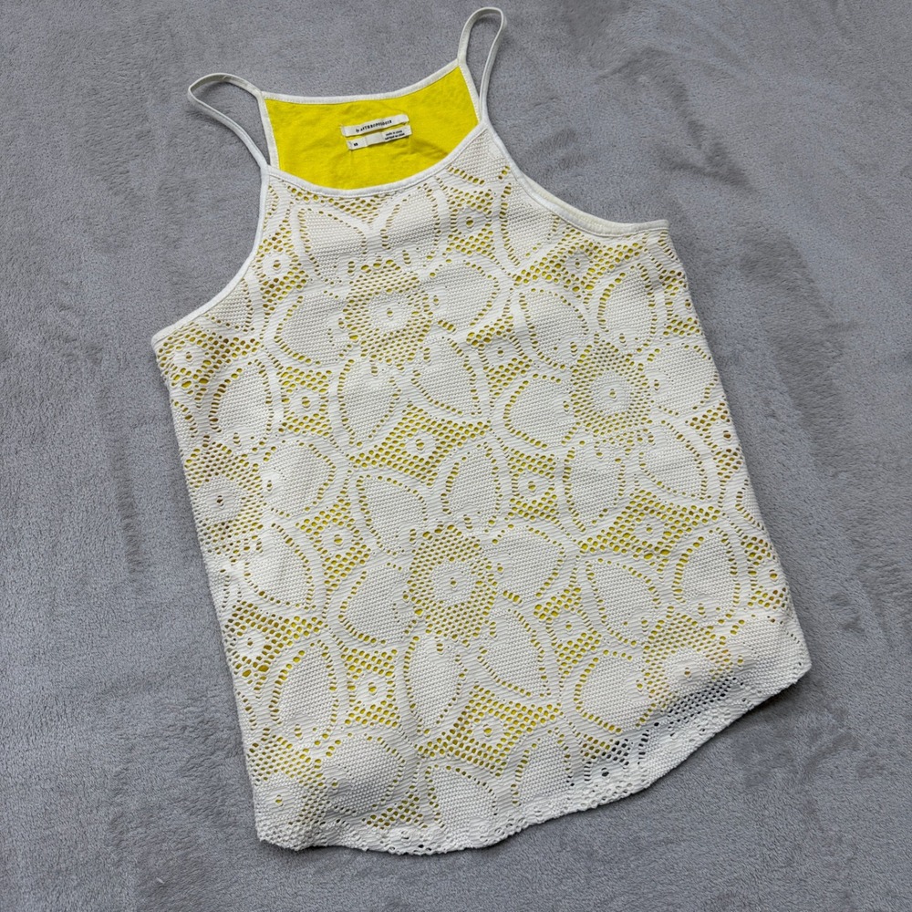 Anthropologie Shirt Women's XS Tank Top White Yellow Crochet Lace Halter Boho